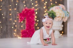 Милое усаживание ребёнка 1-2 годовалое на поле с розовыми воздушными шарами в комнате над белизной изолировано именниный пирог во стоковое фото rf Милое усаживание ребёнка 1-2 годовалое на поле с розовыми воздушными шарами в комнате над белизной изолировано именниный пирог во стоковое фото rf