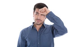Мигрень: молодой бизнесмен с головной болью в голубой изолированной рубашке стоковая фотография rf Мигрень: молодой бизнесмен с головной болью в голубой изолированной рубашке стоковая фотография rf