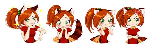 Милая девушка neko аниме с красными волосами и зелеными глазами Уши и кабель кота foxy Различный смешной набор эмоций иллюстрация вектора Милая девушка neko аниме с красными волосами и зелеными глазами Уши и кабель кота foxy Различный смешной набор эмоций иллюстрация вектора