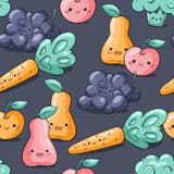 Милая картина овощей и плодов мультфильма безшовная на темной предпосылке Картина здоровой еды безшовная в стиле doodle иллюстрация вектора Милая картина овощей и плодов мультфильма безшовная на темной предпосылке Картина здоровой еды безшовная в стиле doodle иллюстрация вектора