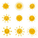 Милое счастливое солнце с стороной smiley Изолированный комплект вектора солнечности лета иллюстрация штока Милое счастливое солнце с стороной smiley Изолированный комплект вектора солнечности лета иллюстрация штока