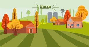 Милый ландшафт концепции сельского хозяйства Eco, с домом и флигелями фермы, осень Изолированная иллюстрация вектора иллюстрация вектора Милый ландшафт концепции сельского хозяйства Eco, с домом и флигелями фермы, осень Изолированная иллюстрация вектора иллюстрация вектора
