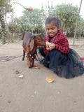 Милый младенец с козой на улице Индии стоковая фотография rf Милый младенец с козой на улице Индии стоковая фотография rf