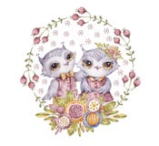 2 милых сыча aquarelle в венке цветка круга иллюстрация вектора 2 милых сыча aquarelle в венке цветка круга иллюстрация вектора