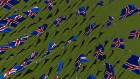 Много национальных флагов Исландии развевая на ветре в зеленом поле иллюстрация вектора Много национальных флагов Исландии развевая на ветре в зеленом поле иллюстрация вектора