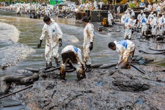 Множество работников пробует извлечь нефтяное пятно Множество работников пробует извлечь нефтяное пятно