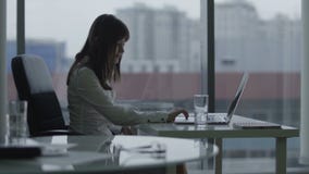 Молодая бизнес-леди работая на компьтер-книжке в современном офисе сток-видео Молодая бизнес-леди работая на компьтер-книжке в современном офисе сток-видео