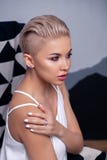 Модель портрета крупного плана белокурая с ярким макияжем и короткие стоковые изображения Модель портрета крупного плана белокурая с ярким макияжем и короткие стоковые изображения