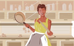 Молодая женщина в рисберме стоя в кухне бесплатная иллюстрация Молодая женщина в рисберме стоя в кухне бесплатная иллюстрация