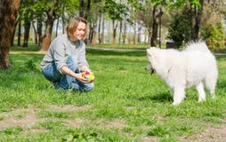 Молодая женщина играя с шариком с пушистой собакой Samoyed и смеясь в парке весной стоковые фото Молодая женщина играя с шариком с пушистой собакой Samoyed и смеясь в парке весной стоковые фото