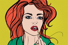 Молодая милая женщина кладя декоративные косметики или губную помаду на ее губы с щеткой Портрет применяться девушки redhead бесплатная иллюстрация Молодая милая женщина кладя декоративные косметики или губную помаду на ее губы с щеткой Портрет применяться девушки redhead бесплатная иллюстрация
