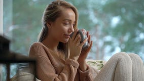Молодая счастливая женщина наслаждается чашки горячего кофе сидя домой большим окном с предпосылкой дерева снега зимы акции видеоматериалы Молодая счастливая женщина наслаждается чашки горячего кофе сидя домой большим окном с предпосылкой дерева снега зимы акции видеоматериалы