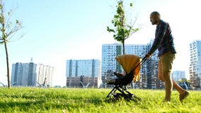 Молодой отец свертывает ребенка в pram младенца в парке Укомплектуйте личным составом идти с младенцем на природе на заходе солнц стоковые фото Молодой отец свертывает ребенка в pram младенца в парке Укомплектуйте личным составом идти с младенцем на природе на заходе солнц стоковые фото