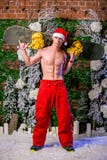 Молодой сексуальный sporty молодой человек в крышке красных брюках и ` s Санты держит сноуборд на его плечах стоковые фото Молодой сексуальный sporty молодой человек в крышке красных брюках и ` s Санты держит сноуборд на его плечах стоковые фото