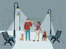 Молодые люди идут в парк с их собаками в вечере когда освещенные фонарики иллюстрация вектора Молодые люди идут в парк с их собаками в вечере когда освещенные фонарики иллюстрация вектора