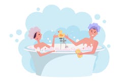 Молодые пары в крышках ливня принимая ванну Девушка и парень имеют потеху в жемчужной ванне Элегантная ванна с желтой резиновой у бесплатная иллюстрация Молодые пары в крышках ливня принимая ванну Девушка и парень имеют потеху в жемчужной ванне Элегантная ванна с желтой резиновой у бесплатная иллюстрация