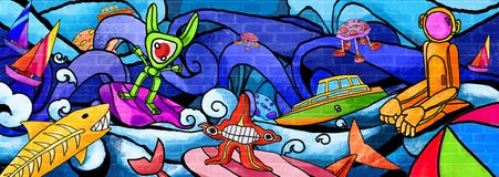 Морские животные красочная стена краски иллюстрация вектора Морские животные красочная стена краски иллюстрация вектора