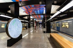 Москва, Россия может 26, 2019, новая современная станция метро CSKA Построенный в линии 2018 метро Solntsevskaya стоковая фотография rf Москва, Россия может 26, 2019, новая современная станция метро CSKA Построенный в линии 2018 метро Solntsevskaya стоковая фотография rf