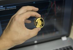 Мужская рука бизнесмена держа bitcoin титана на предпосылке диаграммы роста на экране компьтер-книжки Виртуальные деньги и стоковые фото Мужская рука бизнесмена держа bitcoin титана на предпосылке диаграммы роста на экране компьтер-книжки Виртуальные деньги и стоковые фото