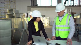 Мужские и женские работники склада смотрят портативный компьютер и обсуждают снабжение их дела 4 k Мужские и женские работники склада смотрят портативный компьютер и обсуждают снабжение их дела 4 k