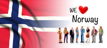 Мы любим Норвегию, представление группы людей a рядом с флагом Norvegian иллюстрация вектора Мы любим Норвегию, представление группы людей a рядом с флагом Norvegian иллюстрация вектора