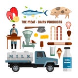 Мясо и молочные продучты vector объекты на белой предпосылке Элементы дизайна еды, значки в плоском стиле иллюстрация вектора Мясо и молочные продучты vector объекты на белой предпосылке Элементы дизайна еды, значки в плоском стиле иллюстрация вектора