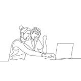 Непрерывная линия пара чертежа счастливая человека и женщины используя ноутбук иллюстрация вектора Непрерывная линия пара чертежа счастливая человека и женщины используя ноутбук иллюстрация вектора