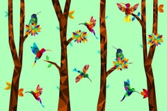 Низкий поли красочный колибри с деревом на падая листьях назад земных, птицах на ветвях, животной геометрической концепции, векто иллюстрация штока Низкий поли красочный колибри с деревом на падая листьях назад земных, птицах на ветвях, животной геометрической концепции, векто иллюстрация штока