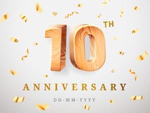 10 номеров золота годовщины деревянных с золотым confetti Годовщина торжества 10th, одно и zero шаблон иллюстрация вектора 10 номеров золота годовщины деревянных с золотым confetti Годовщина торжества 10th, одно и zero шаблон иллюстрация вектора