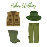 Одежда мультфильма вектора для удить, звероловство Ботинки, waders, жилет и шляпа иллюстрация штока Одежда мультфильма вектора для удить, звероловство Ботинки, waders, жилет и шляпа иллюстрация штока