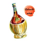 Одиночная бутылка фиаско вина Chianti с основанием плетеной корзины Вертикальный формат изолированный на белой руке покрасил иллюстрация штока Одиночная бутылка фиаско вина Chianti с основанием плетеной корзины Вертикальный формат изолированный на белой руке покрасил иллюстрация штока