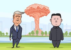 30-ОЕ ОКТЯБРЯ 2017: Jong-ООН Дональд Трамп и Ким перед ядерным взрывом на предпосылке города Президент Козырь США иллюстрация штока 30-ОЕ ОКТЯБРЯ 2017: Jong-ООН Дональд Трамп и Ким перед ядерным взрывом на предпосылке города Президент Козырь США иллюстрация штока