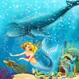 Океан мультфильма и русалка в подводном плавании королевства с китами иллюстрация вектора Океан мультфильма и русалка в подводном плавании королевства с китами иллюстрация вектора