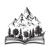 Открытая книга с лесом и горами иллюстрация штока Открытая книга с лесом и горами иллюстрация штока
