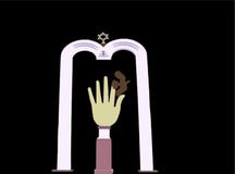 Открытая рука и голубь еврейские символы мира и приветствий около синагоги в Москве Вышеуказанная звезда Дэвид Черная предпосылка стоковое изображение rf Открытая рука и голубь еврейские символы мира и приветствий около синагоги в Москве Вышеуказанная звезда Дэвид Черная предпосылка стоковое изображение rf
