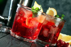 Очень вкусный конец вверх по взгляду на красном спиртном коктейле Стекло с утварями льда, напитка, лимона и бара на темной деревя стоковые фотографии rf Очень вкусный конец вверх по взгляду на красном спиртном коктейле Стекло с утварями льда, напитка, лимона и бара на темной деревя стоковые фотографии rf