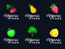 Плодоовощи и ягоды vector иллюстрация в плоском стиле для логотипов еды eco, органических знаков продуктов Здоровые установленные иллюстрация вектора Плодоовощи и ягоды vector иллюстрация в плоском стиле для логотипов еды eco, органических знаков продуктов Здоровые установленные иллюстрация вектора