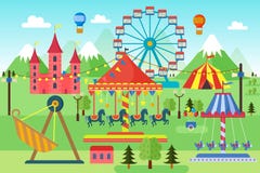 Парк атракционов с carousels, русскими горками и воздушными шарами Шуточный цирк, ярмарка потехи Ландшафт темы масленицы шаржа иллюстрация штока Парк атракционов с carousels, русскими горками и воздушными шарами Шуточный цирк, ярмарка потехи Ландшафт темы масленицы шаржа иллюстрация штока
