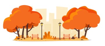 Парк города осени со стендами и уличными фонарями t бесплатная иллюстрация Парк города осени со стендами и уличными фонарями t бесплатная иллюстрация