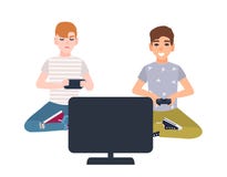 Пары молодых мальчиков сидя перед дисплеем и держа gamepads Дети играя видеоигры изолированные на белизне иллюстрация штока Пары молодых мальчиков сидя перед дисплеем и держа gamepads Дети играя видеоигры изолированные на белизне иллюстрация штока