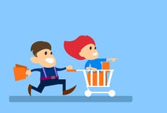 Пары укомплектовывают личным составом бег с женщиной сидят в концепции продажи вагонетки магазинной тележкаи бесплатная иллюстрация Пары укомплектовывают личным составом бег с женщиной сидят в концепции продажи вагонетки магазинной тележкаи бесплатная иллюстрация