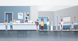 Пациенты гонки смешивания стоя линия очередь на концепции здравоохранения консультации докторов залы приемной больницы ждать иллюстрация вектора Пациенты гонки смешивания стоя линия очередь на концепции здравоохранения консультации докторов залы приемной больницы ждать иллюстрация вектора