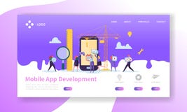 Передвижная страница посадки разработки приложений Технология кодирвоания с плоским шаблоном вебсайта характеров людей иллюстрация штока Передвижная страница посадки разработки приложений Технология кодирвоания с плоским шаблоном вебсайта характеров людей иллюстрация штока