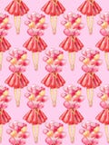 Seamless pattern of watercolor illustration of a faceless girl in a red dress holding a bunch of alloons on a pink background vector illustration Seamless pattern of watercolor illustration of a faceless girl in a red dress holding a bunch of alloons on a pink background vector illustration