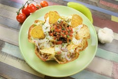 Пирог Tortilla заполненный с мясом цыпленка расплавил сыр и рис стоковое фото rf Пирог Tortilla заполненный с мясом цыпленка расплавил сыр и рис стоковое фото rf
