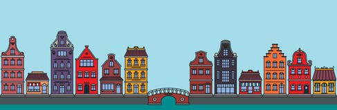 Плоская линейная панорама ландшафта города со зданиями и домами туризм, перемещение к Амстердаму иллюстрация вектора Плоская линейная панорама ландшафта города со зданиями и домами туризм, перемещение к Амстердаму иллюстрация вектора