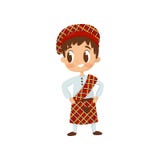 Плоский значок вектора мальчика в традиционном шотландском костюме килта Рубашка ребенка нося, яркая красная юбка шотландки и шля иллюстрация вектора Плоский значок вектора мальчика в традиционном шотландском костюме килта Рубашка ребенка нося, яркая красная юбка шотландки и шля иллюстрация вектора