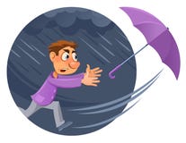 Плохая погода Дождь и ветер ураган Попытки человека шаржа к catc Стоковые Изображения RF Плохая погода Дождь и ветер ураган Попытки человека шаржа к catc Стоковые Изображения RF