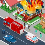 Пожарные тушат огонь в городе дома равновеликом Пожарный помогает раненой женщине иллюстрация штока Пожарные тушат огонь в городе дома равновеликом Пожарный помогает раненой женщине иллюстрация штока
