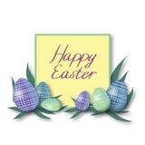 Поздравительная открытка HappyHappy пасхи с красочными яйцами и зеленая рамка с текстом цвета пурпурным иллюстрация штока Поздравительная открытка HappyHappy пасхи с красочными яйцами и зеленая рамка с текстом цвета пурпурным иллюстрация штока